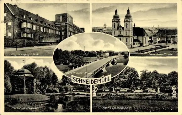 Ak Piła Schneidemühl Pommern, Karl Krause Brücke, Stadtpark, Regierungsgebäude, Kirche