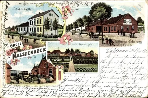 Litho Halstenbek in Holstein, J. Krohn's Gasthof, Gasthof zur Erholung J.H. Kessler, Baumschule