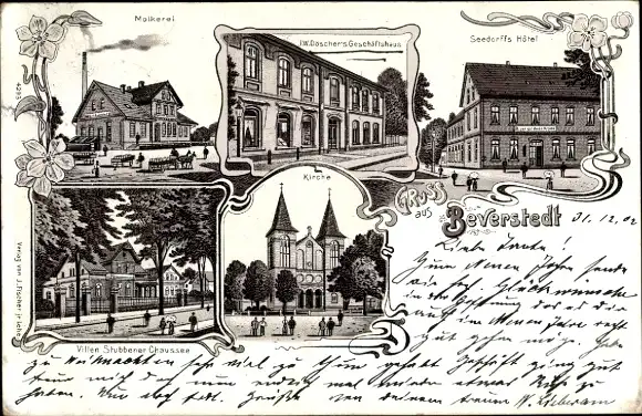 Litho Beverstedt in Niedersachsen, Molkerei, Seedorffs Hotel, Kirche, Villen Stubbener Chaussee