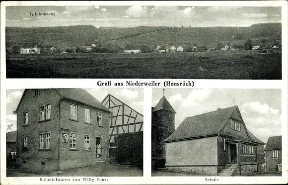 Ak Niederweiler im Hunsrück, Totalansicht, Kolonialwarenhandlung, Schule