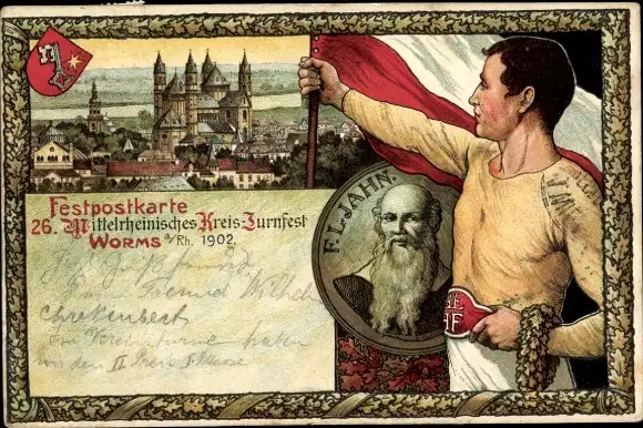 Litho Worms am Rhein, 26. Mittelrheinisches Kreis Turnfest 1902, Turnvater Jahn, Worms