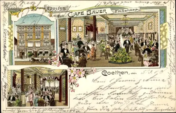 Litho Köthen in Anhalt, Gruß aus Café Bauer, Bes. F.W. Schoop, Bruno Bürger 1373