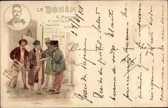 Litho La Boheme di G. Puccini, Atto I, Schaunard, Benoit, Colline, Marcello