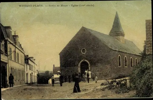 Ak Wissant Plage Pas de Calais, Massenausgang, Kirche