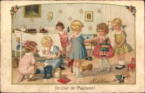 Künstler Ak Ebner, Pauli, Le Jour de Madame, Kinder, Spielzimmer, Kuchentafel