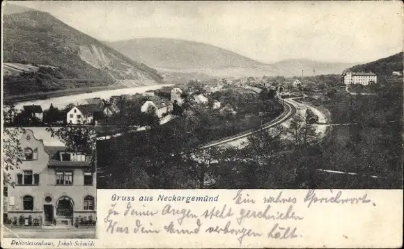 Ak Neckargemünd am Neckar, Totalansicht, Delikatessenhaus Jakob Schmidt