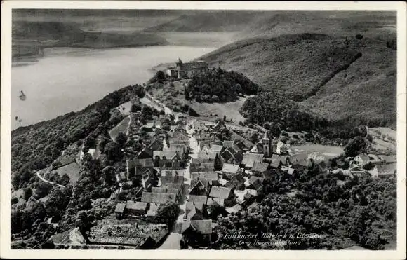 Ak Waldeck in Nordhessen, Burg, Schloss Waldeck, Schlosshotel, Fliegeraufnahme