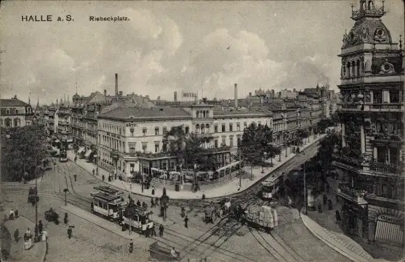 Ak Halle an der Saale, Riebeckplatz, Straßenbahnen