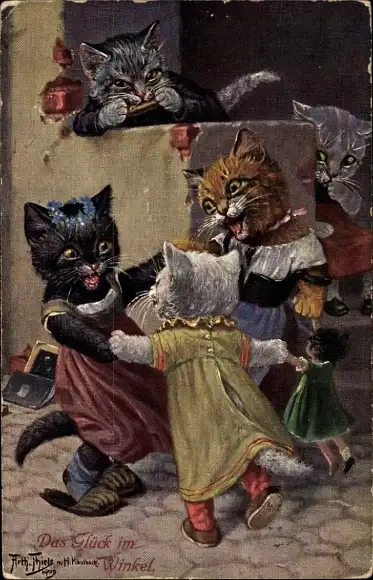Künstler Ak Thiele, Arthur, Das Glück im Winkel, vermenschlichte tanzende Katzen