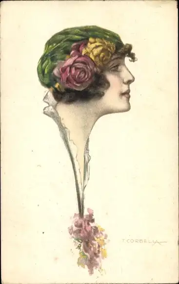 Künstler Ak Corbella, T., Portrait einer Frau mit Blumen im Haar
