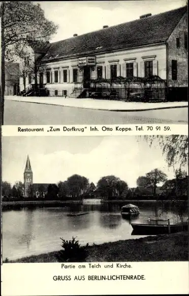 Ak Berlin Tempelhof Lichtenrade, Restaurant Zum Dorfkrug, Teich, Kirche