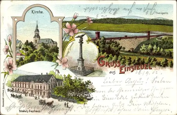 Litho Einsiedel Chemnitz, Kirche, Kriegerdenkmal, Stöckels Gasthaus, Talsperre