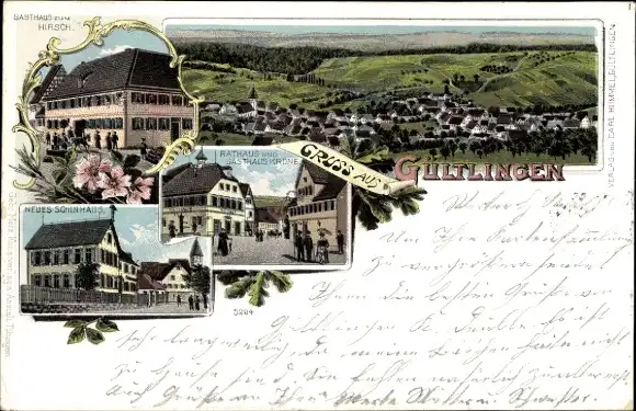 Litho Gültlingen Wildberg im Schwarzwald, Gasthaus zum Hirsch, Rathaus, Gasthaus Krone, Schulhaus