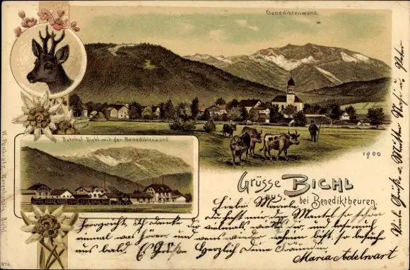 Litho Bichl in Oberbayern, Bahnhof mit der Benediktinenwand, Kuhherde auf der Weide, Kirche