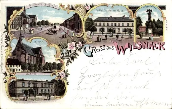 Litho Bad Wilsnack in der Prignitz, Kirche, Bahnhof, Hotel Deutsches Haus, Kriegerdenkmal