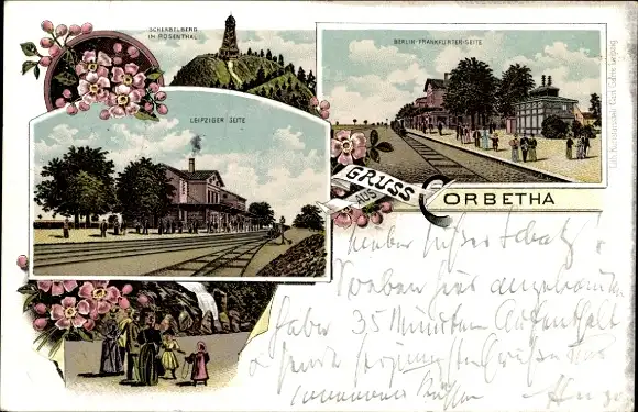 Litho Corbetha Korbetha Schkopau im Saalekreis, Bahnhof, Gleisseite, Scherbelberg im Rosental