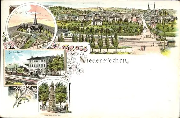 Litho Niederbrechen Brechen Mittelhessen, Berger Kirche, Bahnhof, Gleisseite, Kriegerdenkmal