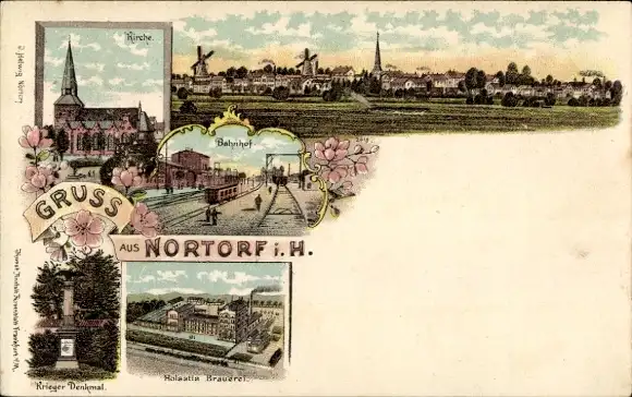 Litho Nortorf in Holstein, Holsatia Brauerei, Bahnhof, Gleisseite, Kriegerdenkmal, Kirche