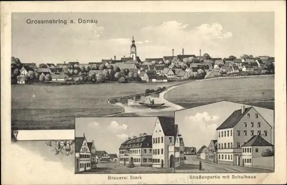 Ak Großmehring an der Donau Oberbayern, Brauerei Stark, Schulhaus, Totalansicht
