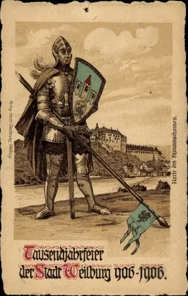 Steindruck Ak Weilburg im Lahntal, Tausendjahrfeier der Stadt 906 - 1906, Ritter, Wappen