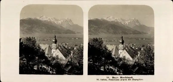 Stereo Foto Mittenwald in Oberbayern, Wallfahrtskirche St. Anton, Zugspitze, Bayrisches Hochland