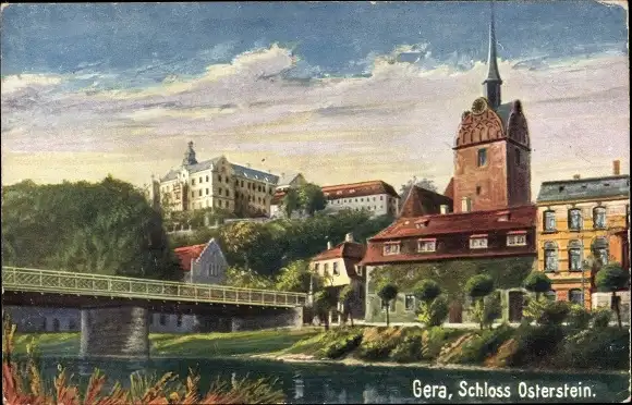 Künstler Ak Untermhaus Gera in Thüringen, Schloss Osterstein, Brücke, Kirche