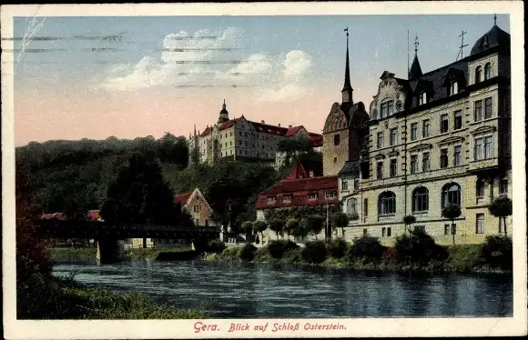 Ak Untermhaus Gera in Thüringen, Schloss Osterstein, Kirche, Brücke