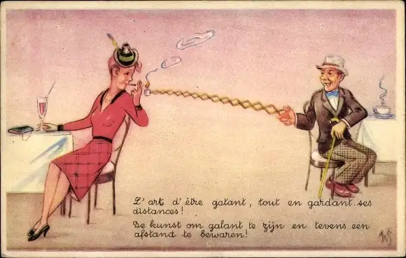 Künstler Ak Scheuermann, Willi, Mann gibt Frau Feuer