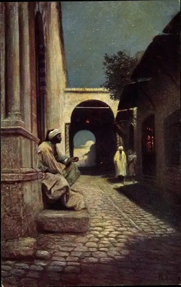 Künstler Ak Maghreb, Rue au clair de lune, Straße im Mondlicht