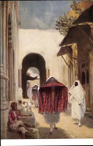 Künstler Ak Maghreb, Maurische Straßenszene, verschleierte Frauen