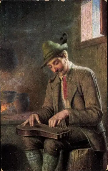 Ak Mann mit Pfeife spielt die Zither, Wohnstube