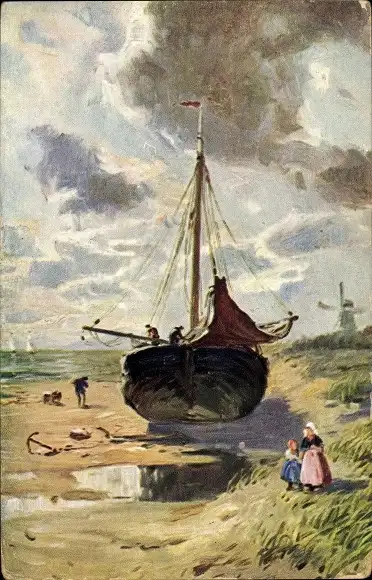 Künstler Ak An der Wasserkante, Segelschiff, Strand