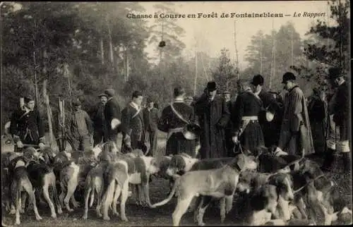 Ak Jagd im Wald von Fontainebleau, Rapport, Jagdgesellschaft, Hundemeute