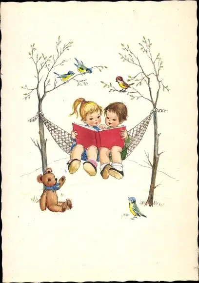 Ak Kinder auf einer Hängematte, Teddy, Vögel