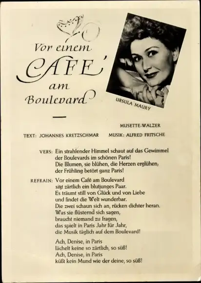 Lied Ak Johannes Kretzschmar, Vor einem Cafe am Boulevard, Ursula Maury