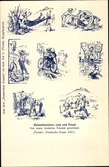 Künstler Ak Heimatforschers Leid und Freud, von einem boshaften Freund gezeichnet,Deutsche Gaue 1901