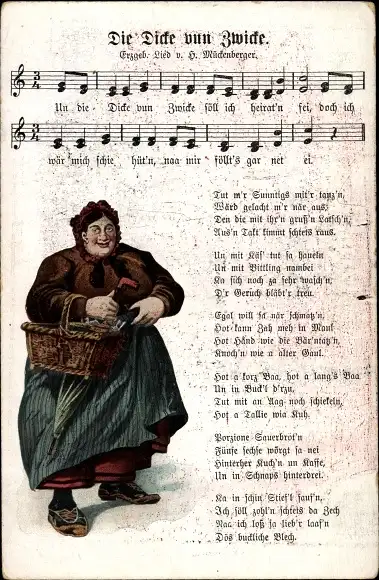 Lied Ak Mückenberger, Die Dicke vun Zwicke, dicke Frau mit Korb