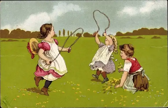 Ak Kinder springen Seil auf Blumenwiese