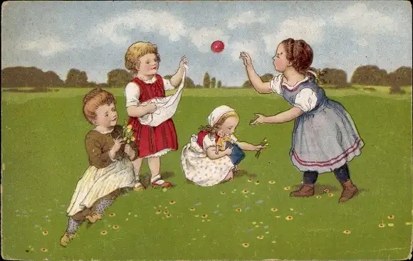 Ak Kinder spielen Ball auf Blumenwiese