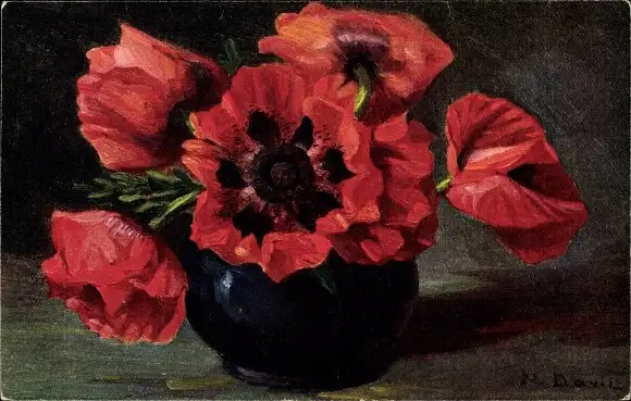 Künstler Ak Davis, N., Gartenmohn in Blumenvase