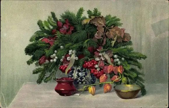 Künstler Ak Hamisch, H., Blumen und Tannenzweige in Blumenvase