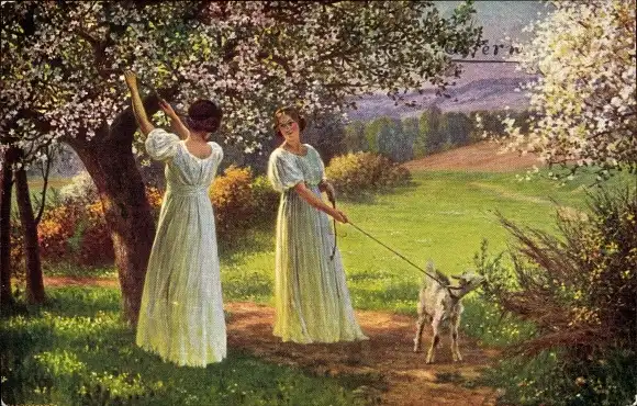 Künstler Ak Kowalsky, L., Frühling, Blühende Bäume, Frauen, Lamm