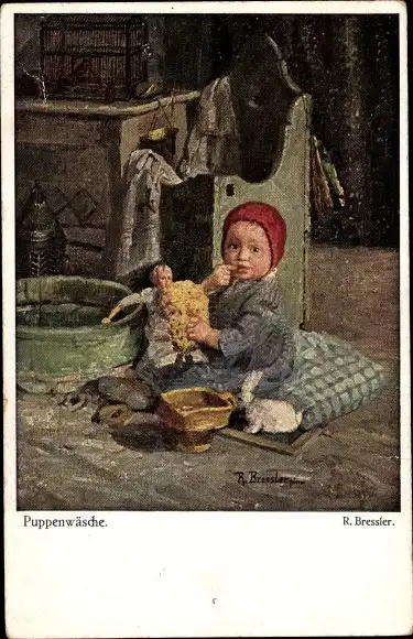 Künstler Ak Bressler, R., Puppenwäsche, Mädchen, Puppe, Spielzeuge, Vogelkäfig, Amag 38