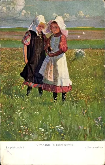 Künstler Ak Panzer, P., Im Sonnenschein, Mädchen auf einer Wiese