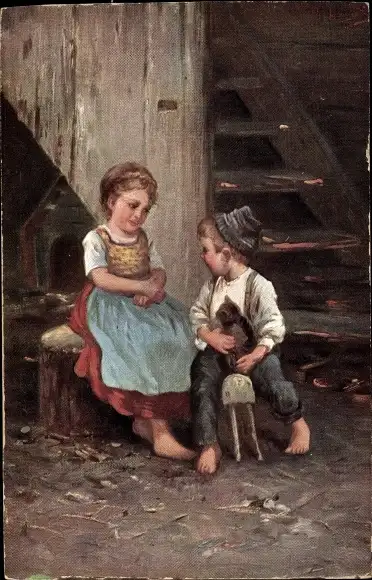 Ak Kinder, Liebespaar, Bauernhof, Puppe