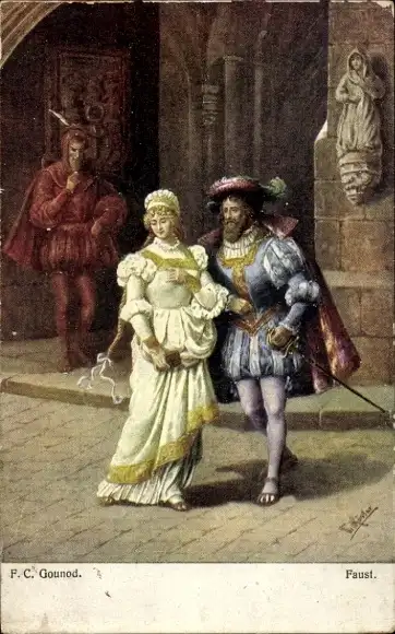 Künstler Ak Rösler, Faust und Gretchen, Mephisto