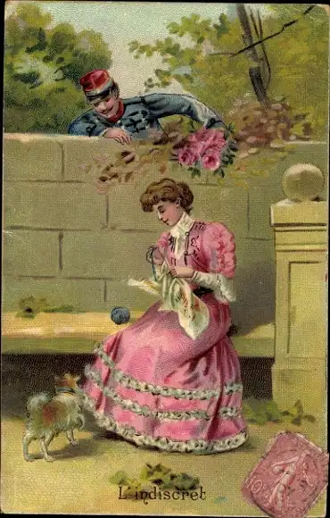 Ak Mann mit Blumenstrauß beobachtet eine Frau, Liebespaar