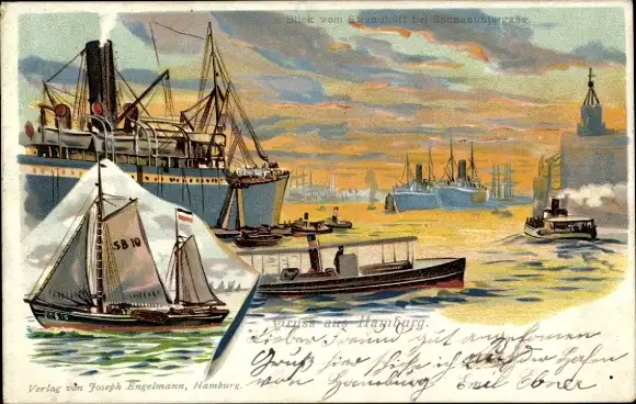 Litho Hamburg, Blick vom Strandhöft bei Sonnenuntergang, Schiffe