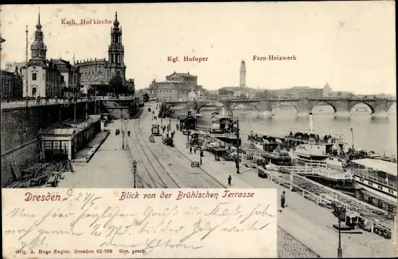 Ak Dresden Altstadt, Blick von der Brühlschen Terrasse, Hofoper, Hofkirche, Fernheizwerk