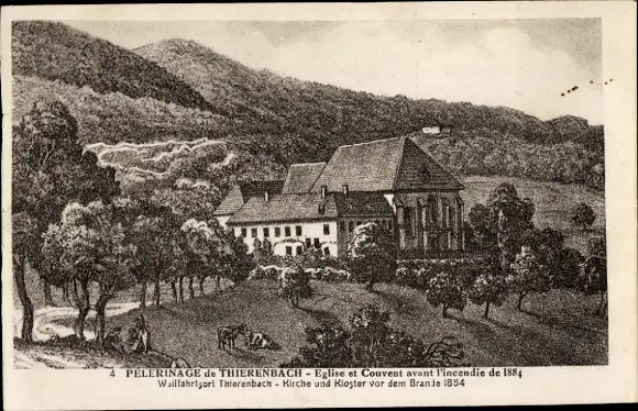 Künstler Ak Thierenbach Jungholtz Jungholz Elsass Haut Rhin, Kirche und Kloster vor dem Brand 1884